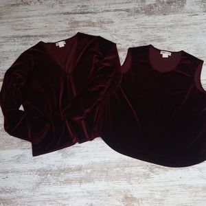 Vintage Burgundy Velvet Cardigan Tank Top Set